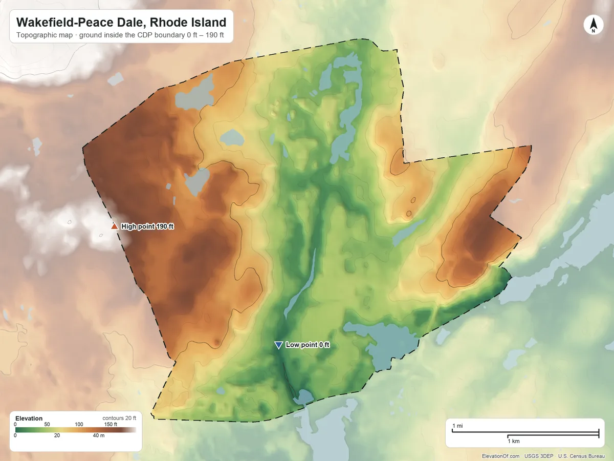Topographic elevation map of Wakefield-Peace Dale, Rhode Island, shaded from 0 ft on the south side to 190 ft on the west side