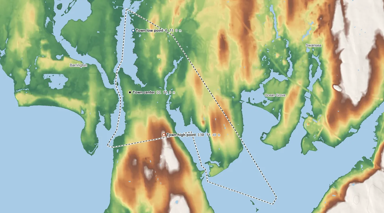 Topographic elevation map of Warren, Rhode Island, shaded from 0 ft on the north side to 130 ft on the southeast side