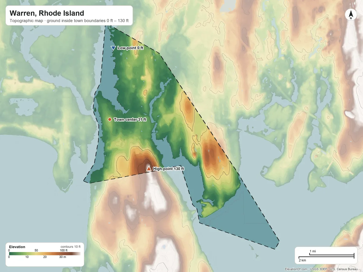 Topographic elevation map of Warren, Rhode Island, shaded from 0 ft on the north side to 130 ft on the southeast side
