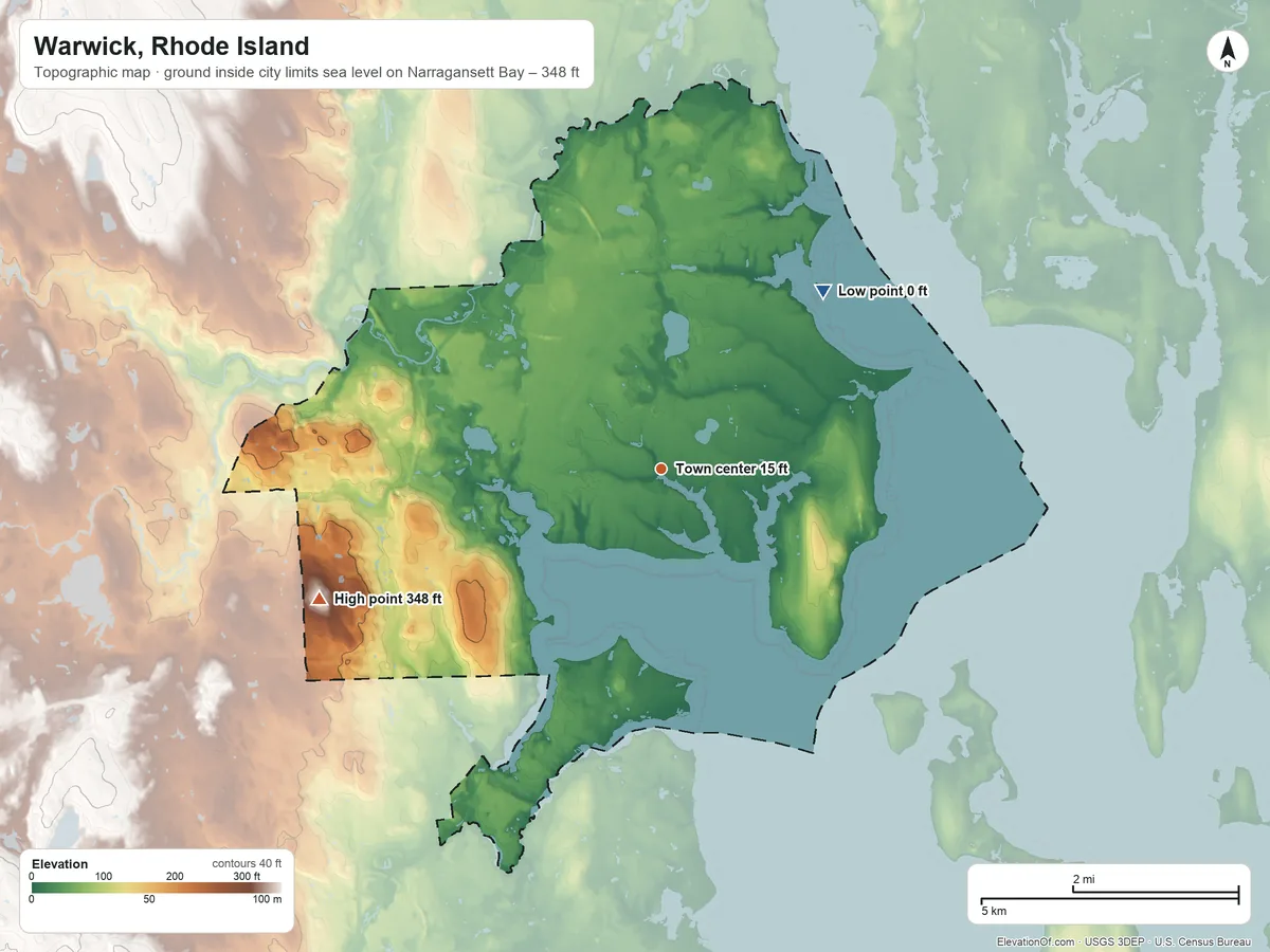 Topographic elevation map of Warwick, Rhode Island, shaded from sea level level on Narragansett Bay to 348 ft on Spencer Hill