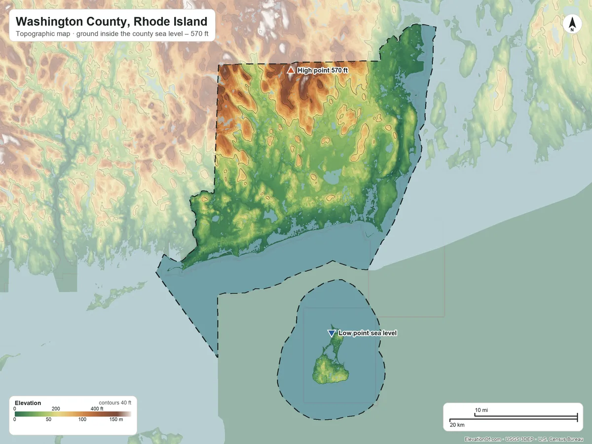 Topographic elevation map of Washington County, Rhode Island, shaded from sea level on the Atlantic Ocean to 570 ft on the north side