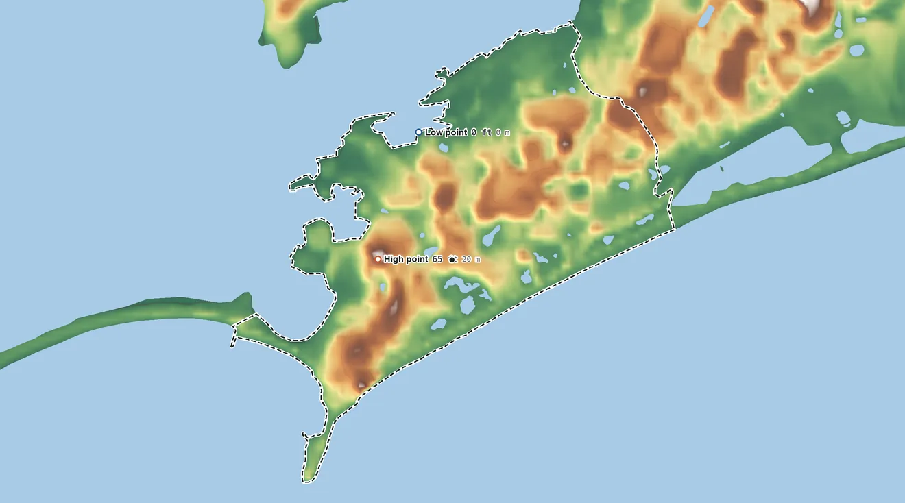 Topographic elevation map of Watch Hill, Rhode Island, shaded from sea level level on Little Narragansett Bay to 65 ft on the west side