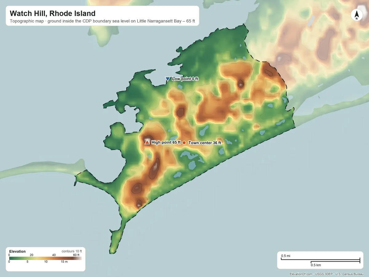 Topographic elevation map of Watch Hill, Rhode Island, shaded from sea level level on Little Narragansett Bay to 65 ft on the west side