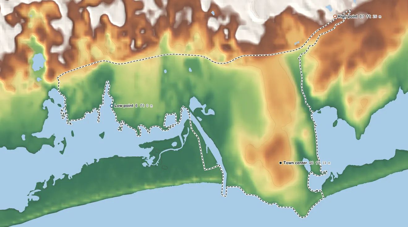 Topographic elevation map of Weekapaug, Rhode Island, shaded from sea level level on the Atlantic Ocean to 87 ft on the north side