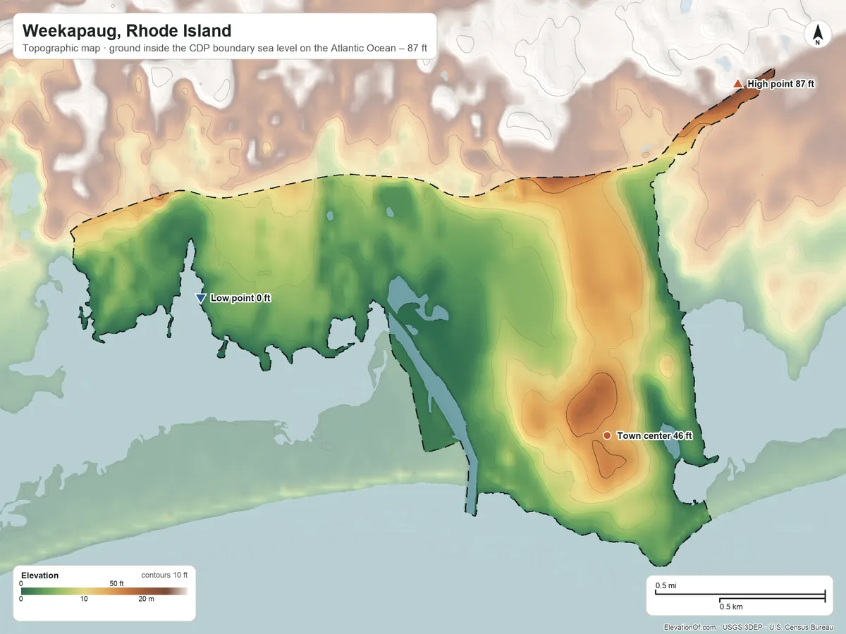 Topographic elevation map of Weekapaug, Rhode Island, shaded from sea level level on the Atlantic Ocean to 87 ft on the north side
