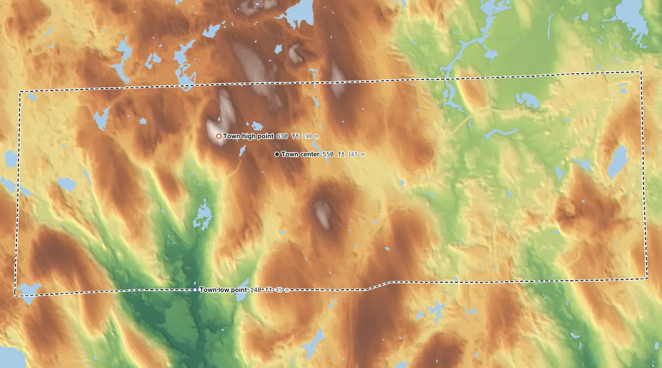 Topographic elevation map of West Greenwich, Rhode Island, shaded from 140 ft on the southwest side to 630 ft on Bald Hill