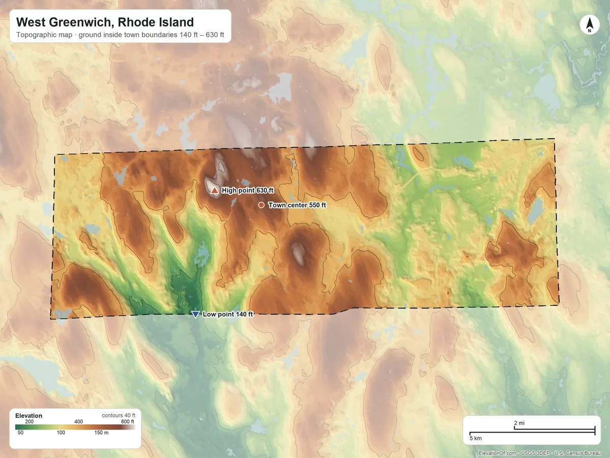 Topographic elevation map of West Greenwich, Rhode Island, shaded from 140 ft on the southwest side to 630 ft on Bald Hill