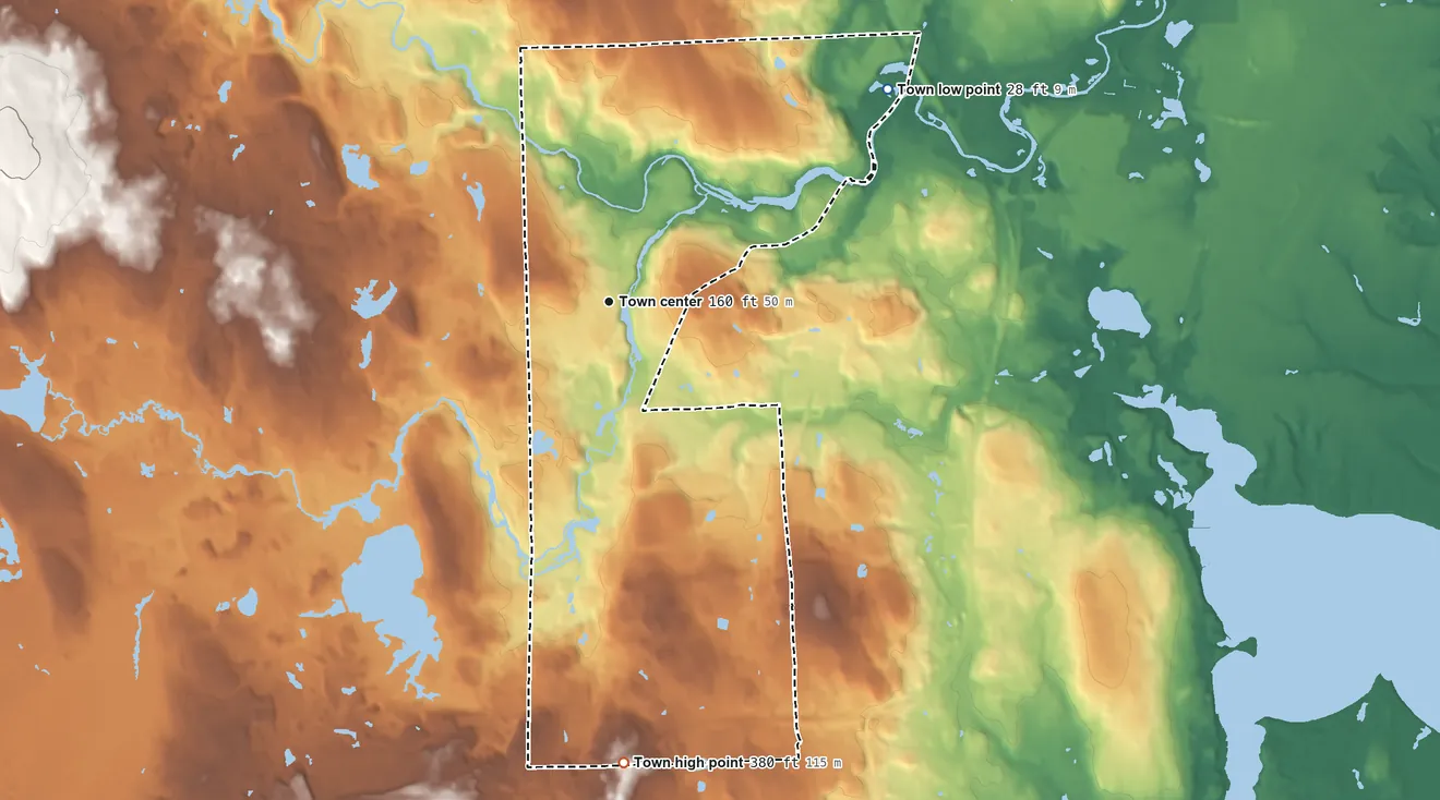 Topographic elevation map of West Warwick, Rhode Island, shaded from 28 ft on the northeast side to 380 ft on the south side