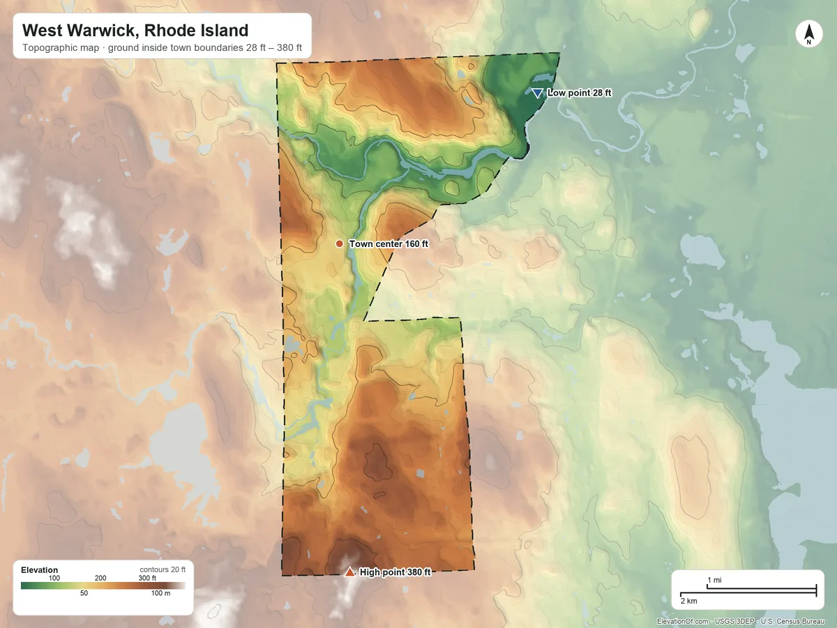 Topographic elevation map of West Warwick, Rhode Island, shaded from 28 ft on the northeast side to 380 ft on the south side