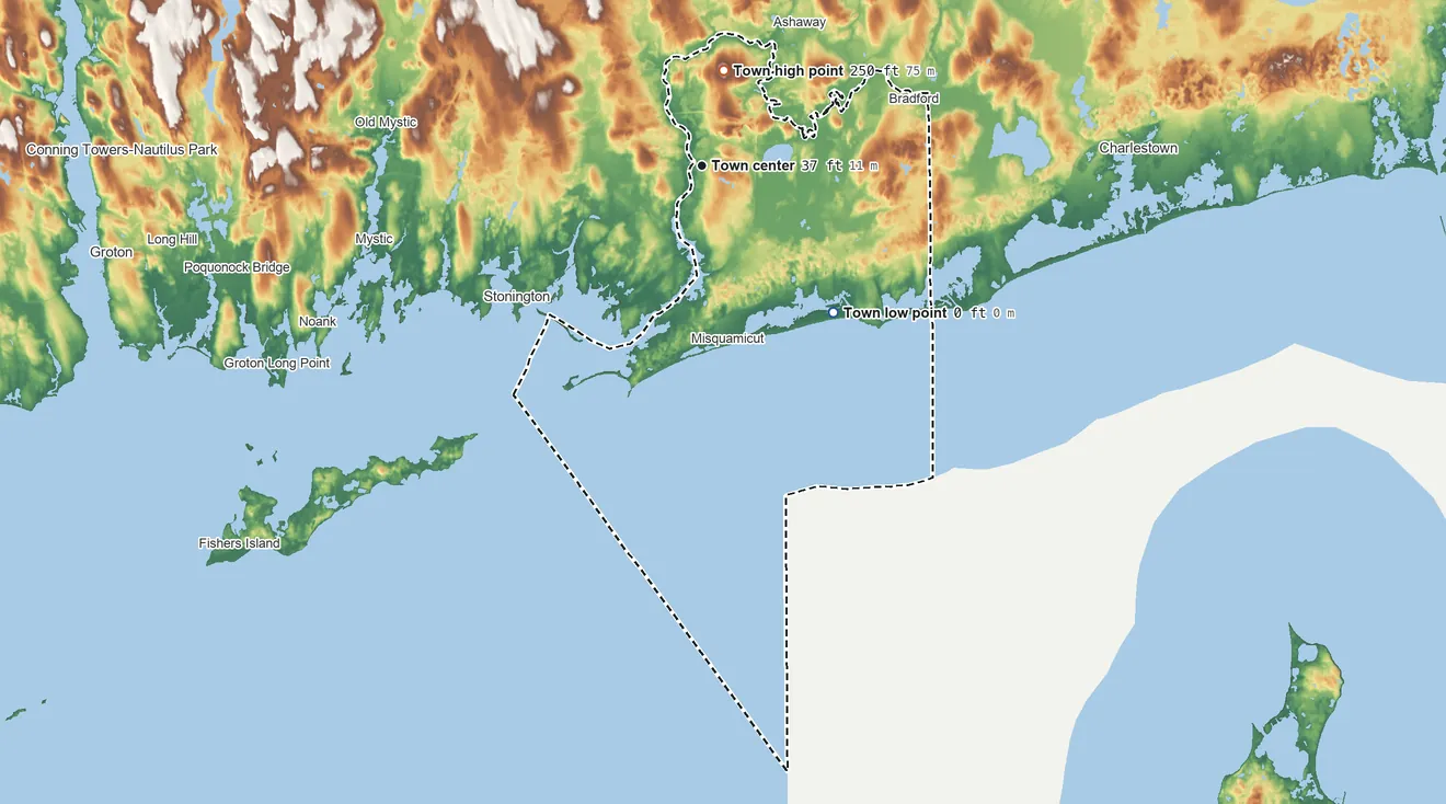 Topographic elevation map of Westerly, Rhode Island, shaded from sea level level on the Atlantic Ocean to 250 ft on Mount Moriah