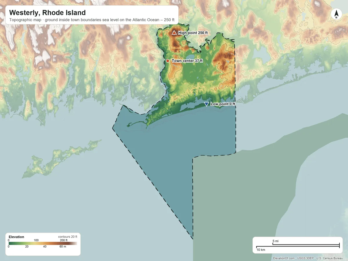 Topographic elevation map of Westerly, Rhode Island, shaded from sea level level on the Atlantic Ocean to 250 ft on Mount Moriah