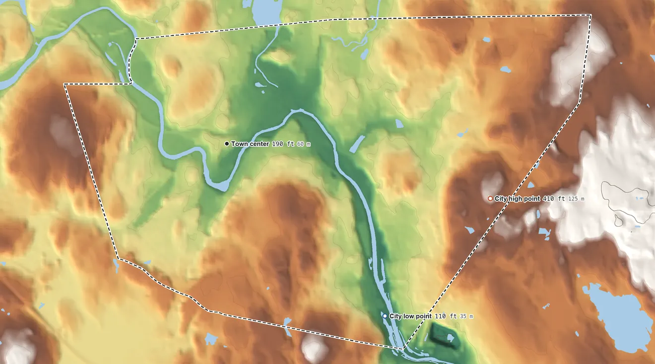 Topographic elevation map of Woonsocket, Rhode Island, shaded from 110 ft on the southeast side to 410 ft on the east side