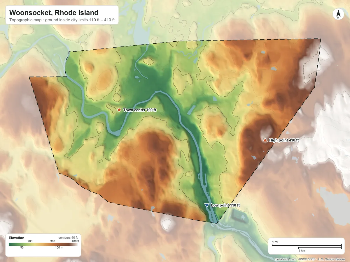 Topographic elevation map of Woonsocket, Rhode Island, shaded from 110 ft on the southeast side to 410 ft on the east side