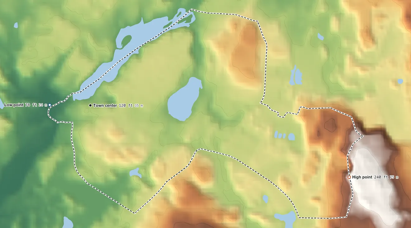 Topographic elevation map of Wyoming, Rhode Island, shaded from 78 ft on the west side to 240 ft on the east side