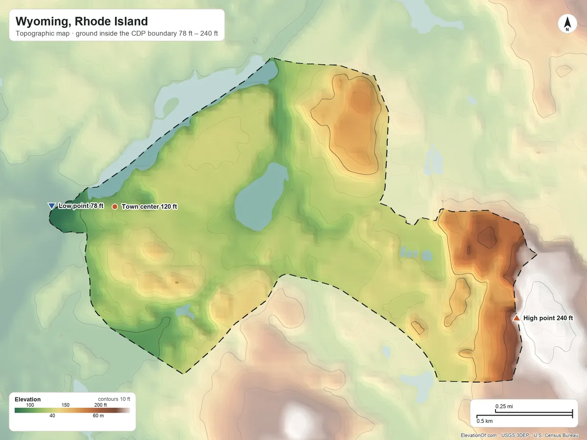 Topographic elevation map of Wyoming, Rhode Island, shaded from 78 ft on the west side to 240 ft on the east side