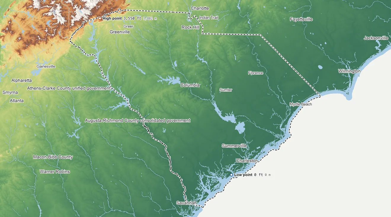 Topographic elevation map of South Carolina, shaded from sea level on the Atlantic Ocean to 3,550 ft on Sassafras Mountain