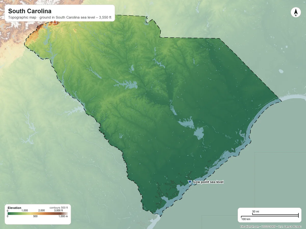 Topographic elevation map of South Carolina, shaded from sea level on the Atlantic Ocean to 3,550 ft on Sassafras Mountain