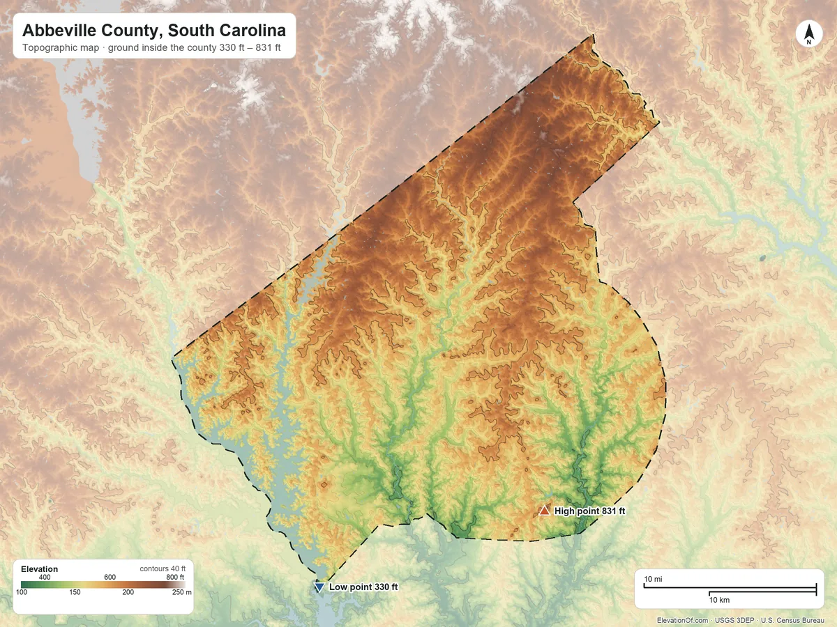 Topographic elevation map of Abbeville County, South Carolina, shaded from 330 ft on the south side to 831 ft on Parsons Mountain