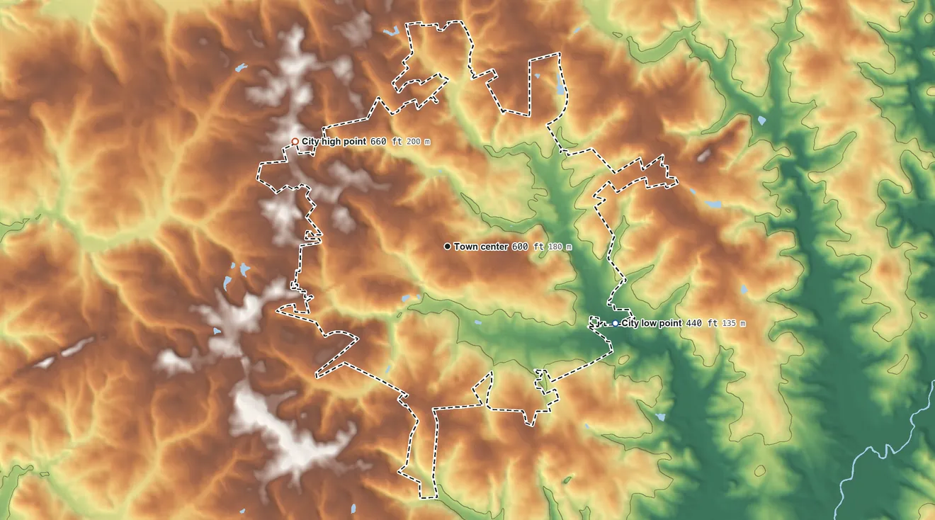 Topographic elevation map of Abbeville, South Carolina, shaded from 440 ft on the southeast side to 660 ft on the northwest side