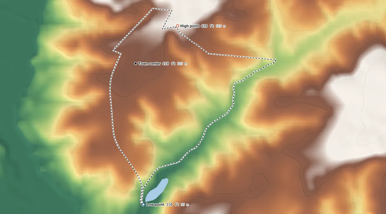 Topographic elevation map of Abney Crossroads, South Carolina, shaded from 310 ft on the south side to 420 ft on the northeast side