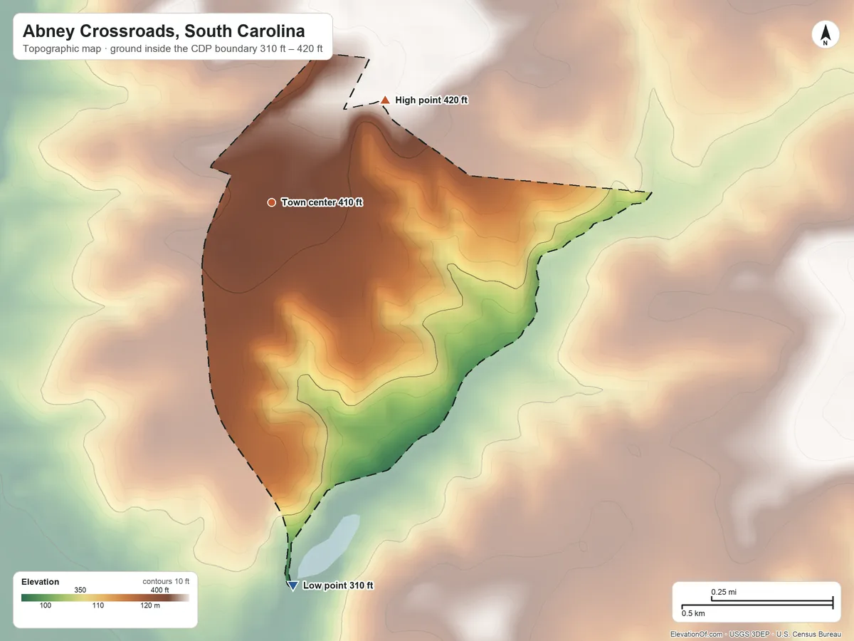 Topographic elevation map of Abney Crossroads, South Carolina, shaded from 310 ft on the south side to 420 ft on the northeast side