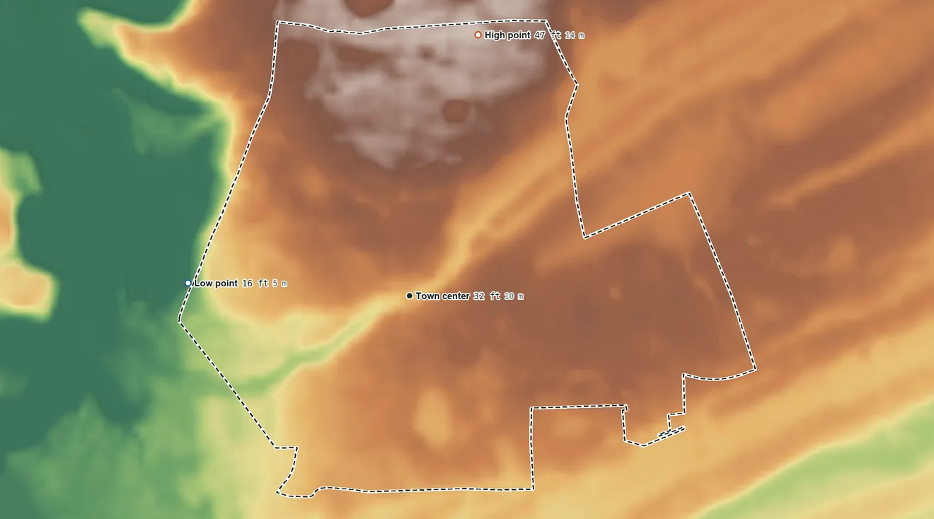 Topographic elevation map of Adams Run, South Carolina, shaded from 16 ft on the west side to 47 ft on the north side
