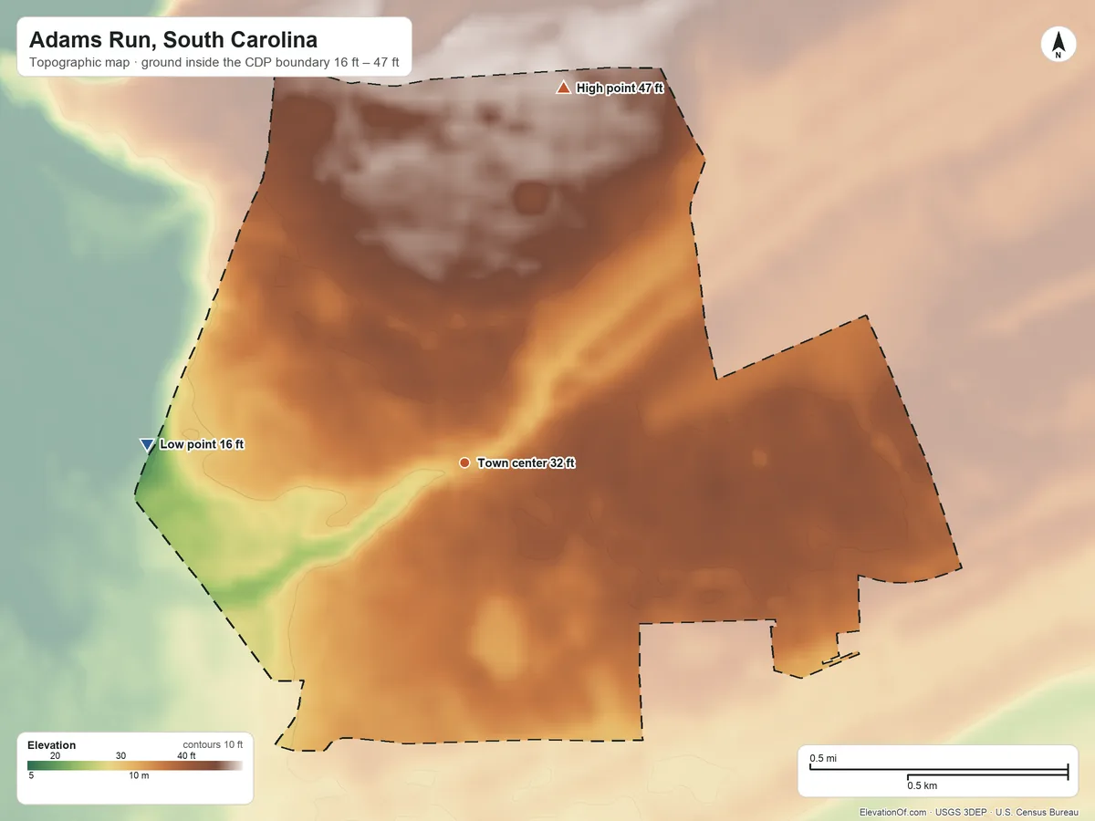 Topographic elevation map of Adams Run, South Carolina, shaded from 16 ft on the west side to 47 ft on the north side