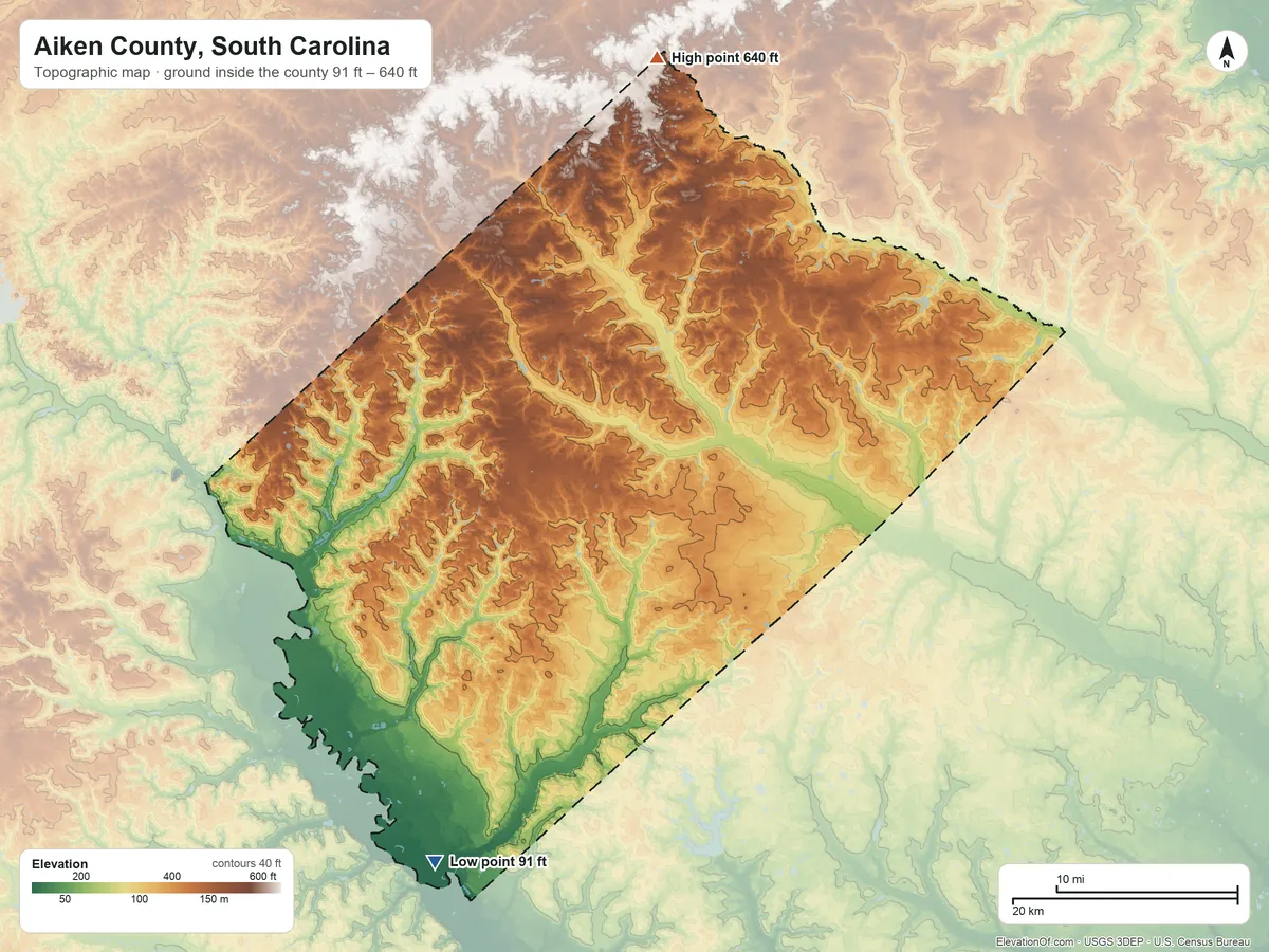 Topographic elevation map of Aiken County, South Carolina, shaded from 91 ft on the southwest side to 640 ft on the north side