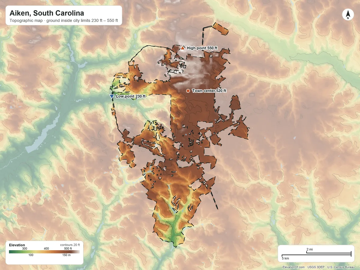 Topographic elevation map of Aiken, South Carolina, shaded from 230 ft on the west side to 550 ft on the north side