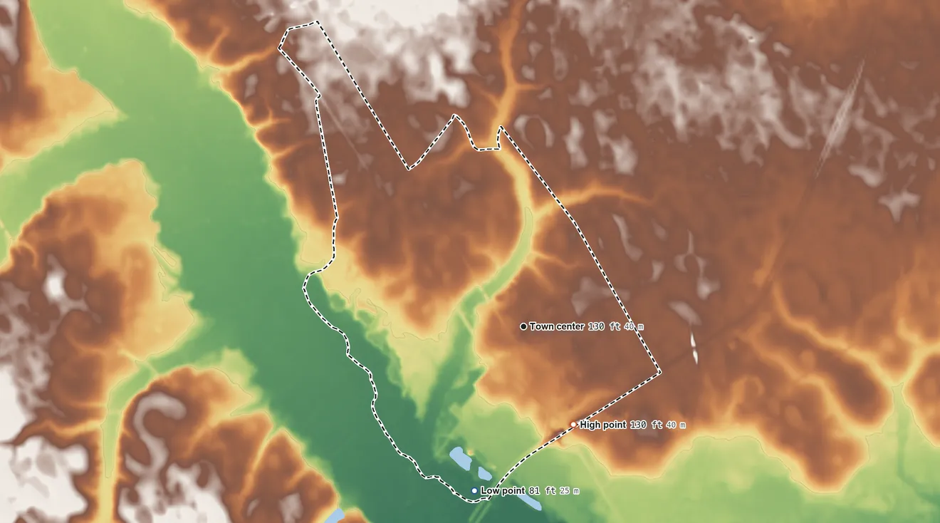 Topographic elevation map of Alcolu, South Carolina, shaded from 81 ft on the south side to 130 ft on the southeast side