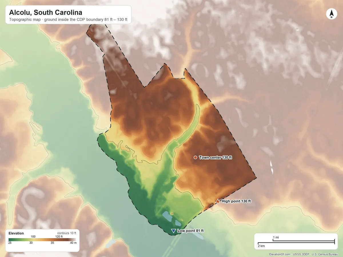 Topographic elevation map of Alcolu, South Carolina, shaded from 81 ft on the south side to 130 ft on the southeast side