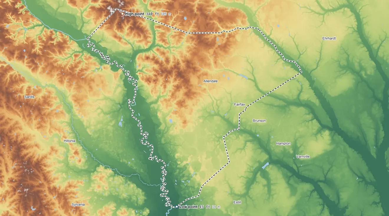 Topographic elevation map of Allendale County, South Carolina, shaded from 45 ft on the south side to 340 ft on the northwest side