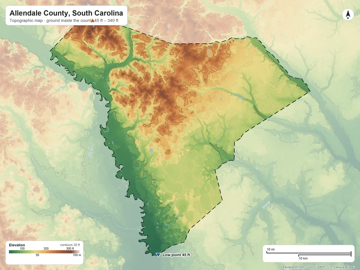 Topographic elevation map of Allendale County, South Carolina, shaded from 45 ft on the south side to 340 ft on the northwest side