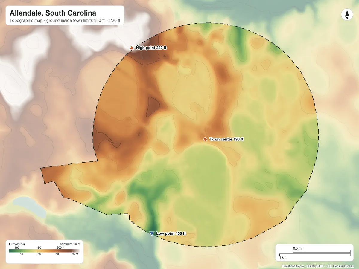 Topographic elevation map of Allendale, South Carolina, shaded from 150 ft on the southwest side to 220 ft on the northwest side