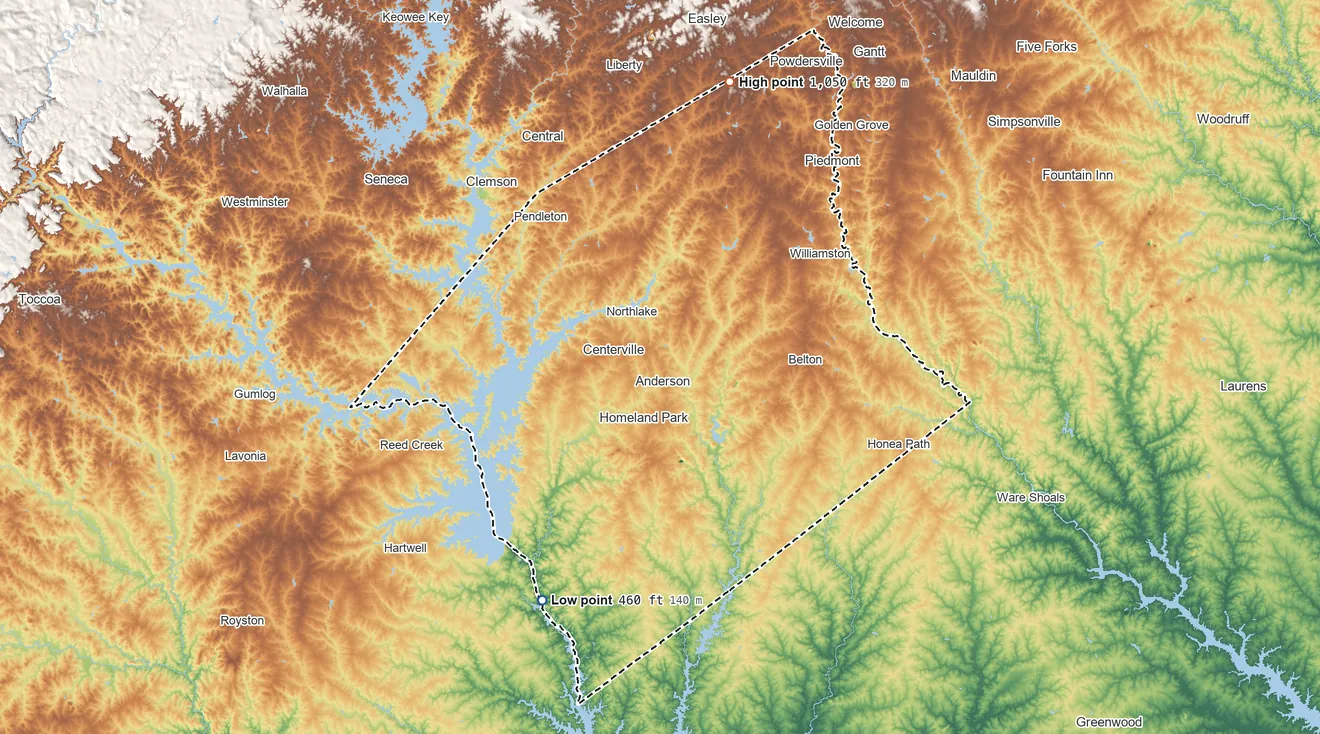 Topographic elevation map of Anderson County, South Carolina, shaded from 460 ft on the southwest side to 1,050 ft on the north side