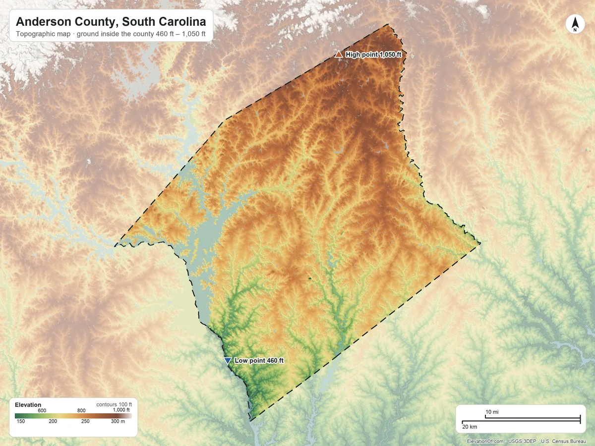 Topographic elevation map of Anderson County, South Carolina, shaded from 460 ft on the southwest side to 1,050 ft on the north side