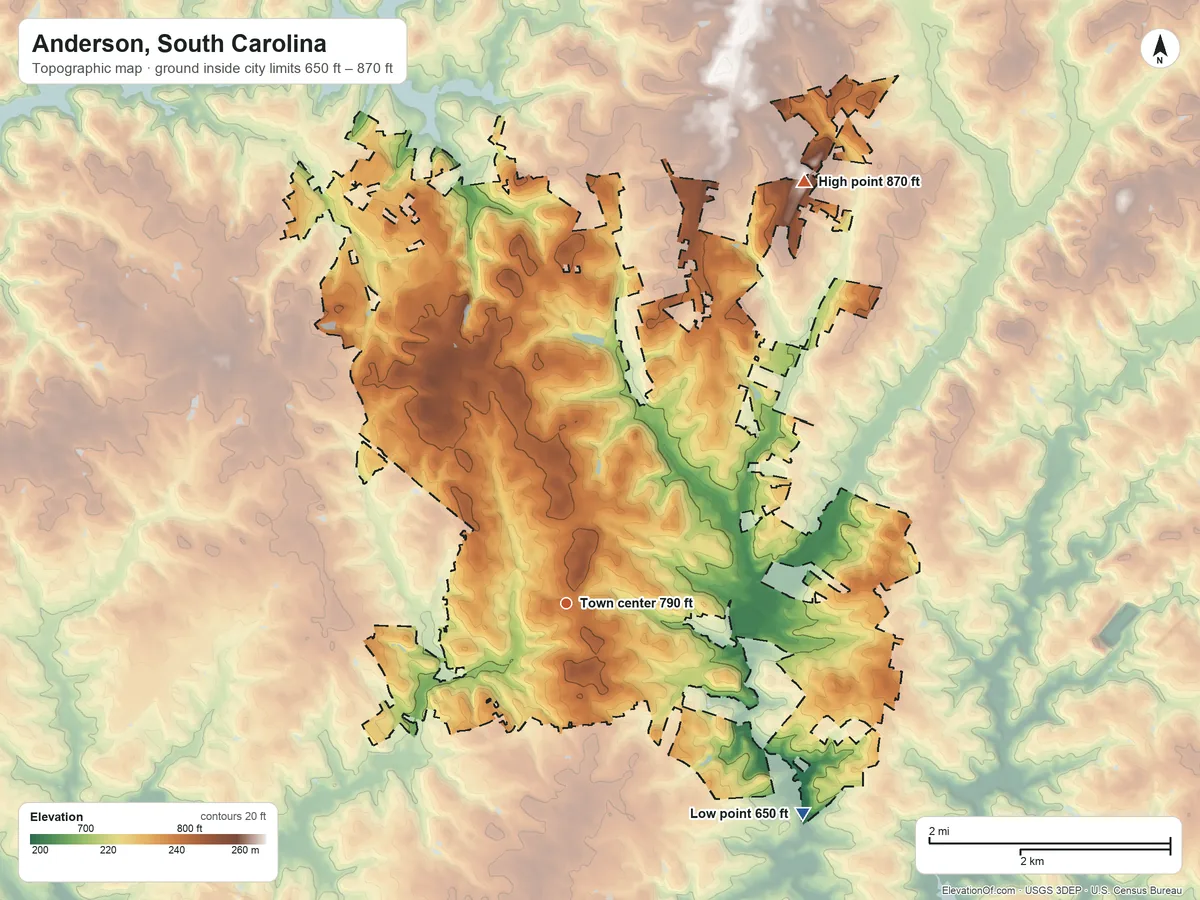 Topographic elevation map of Anderson, South Carolina, shaded from 650 ft on the southeast side to 870 ft on the northeast side