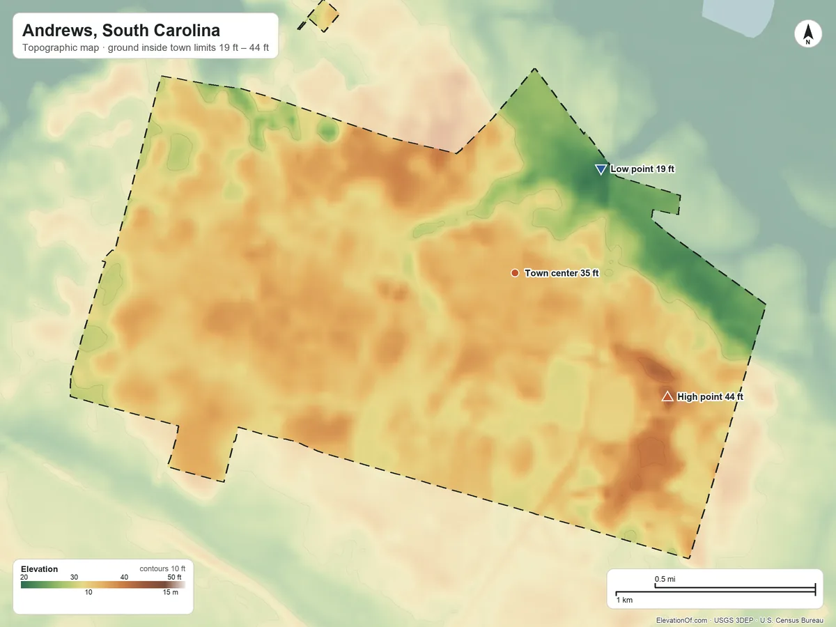 Topographic elevation map of Andrews, South Carolina, shaded from 19 ft on the northeast side to 44 ft on the southeast side
