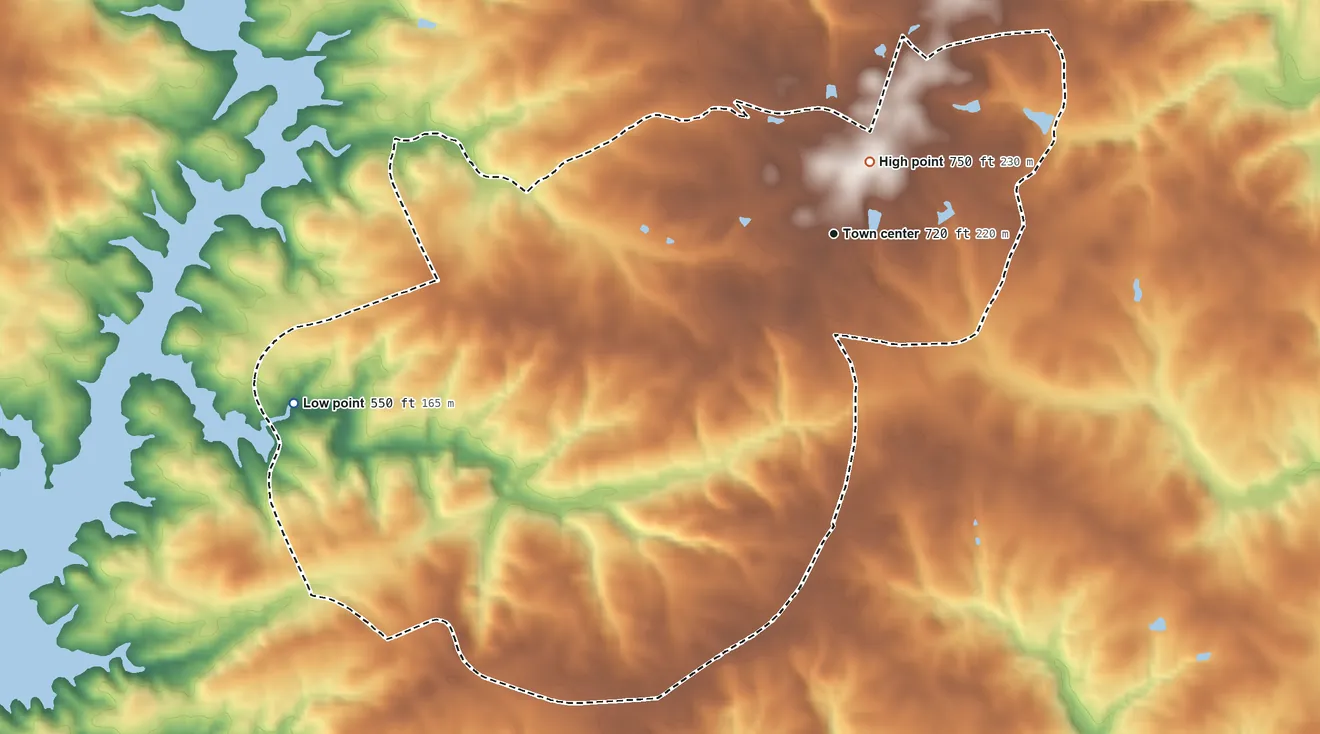 Topographic elevation map of Antreville, South Carolina, shaded from 550 ft on the west side to 750 ft near the middle