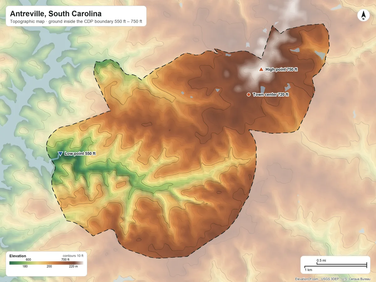 Topographic elevation map of Antreville, South Carolina, shaded from 550 ft on the west side to 750 ft near the middle