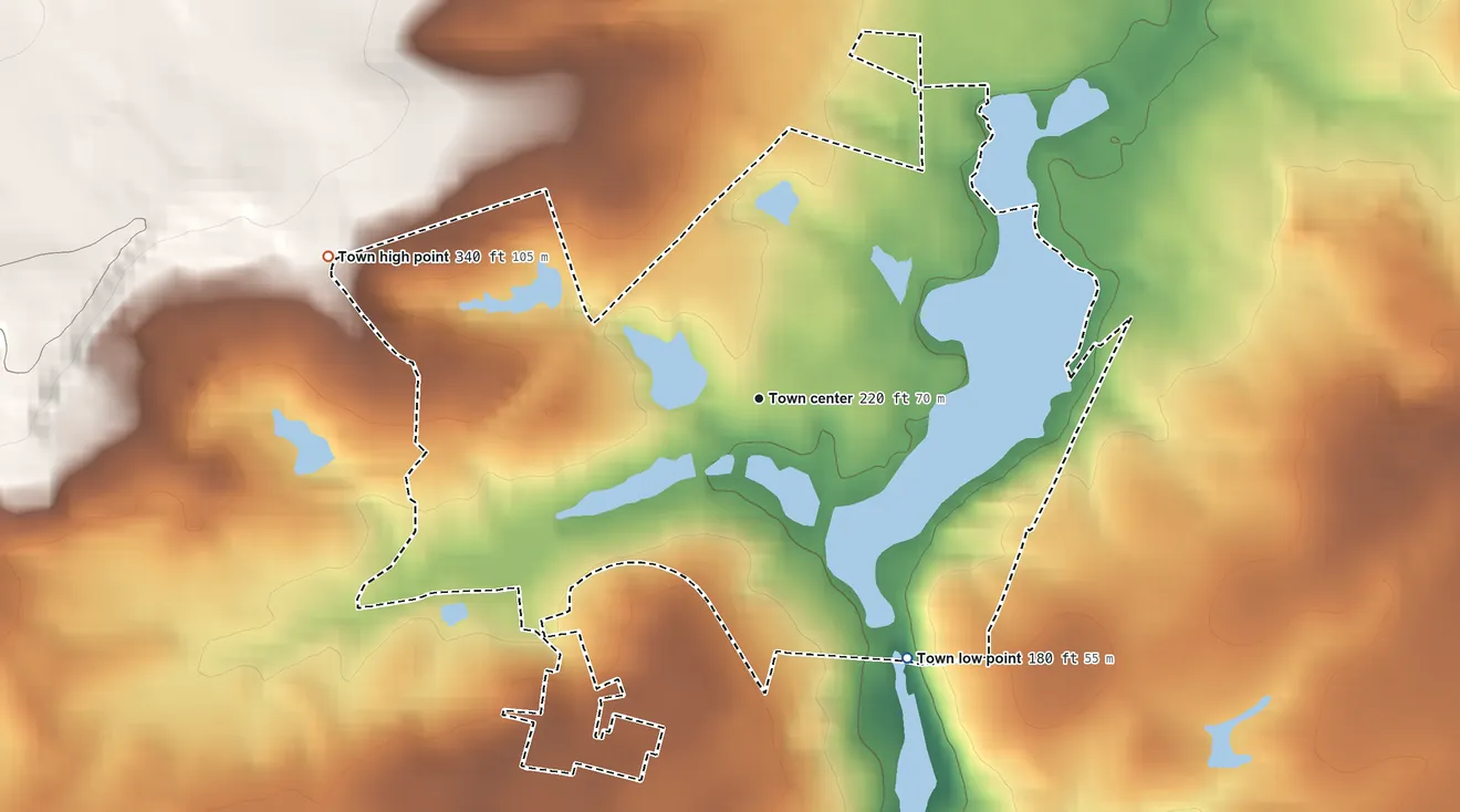 Topographic elevation map of Arcadia Lakes, South Carolina, shaded from 180 ft on the southeast side to 340 ft on the west side