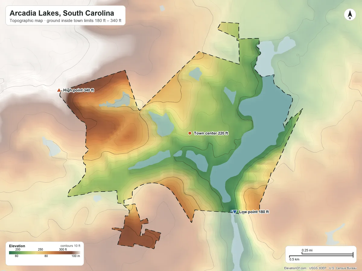 Topographic elevation map of Arcadia Lakes, South Carolina, shaded from 180 ft on the southeast side to 340 ft on the west side