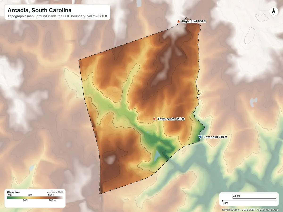 Topographic elevation map of Arcadia, South Carolina, shaded from 740 ft on the east side to 880 ft on the north side