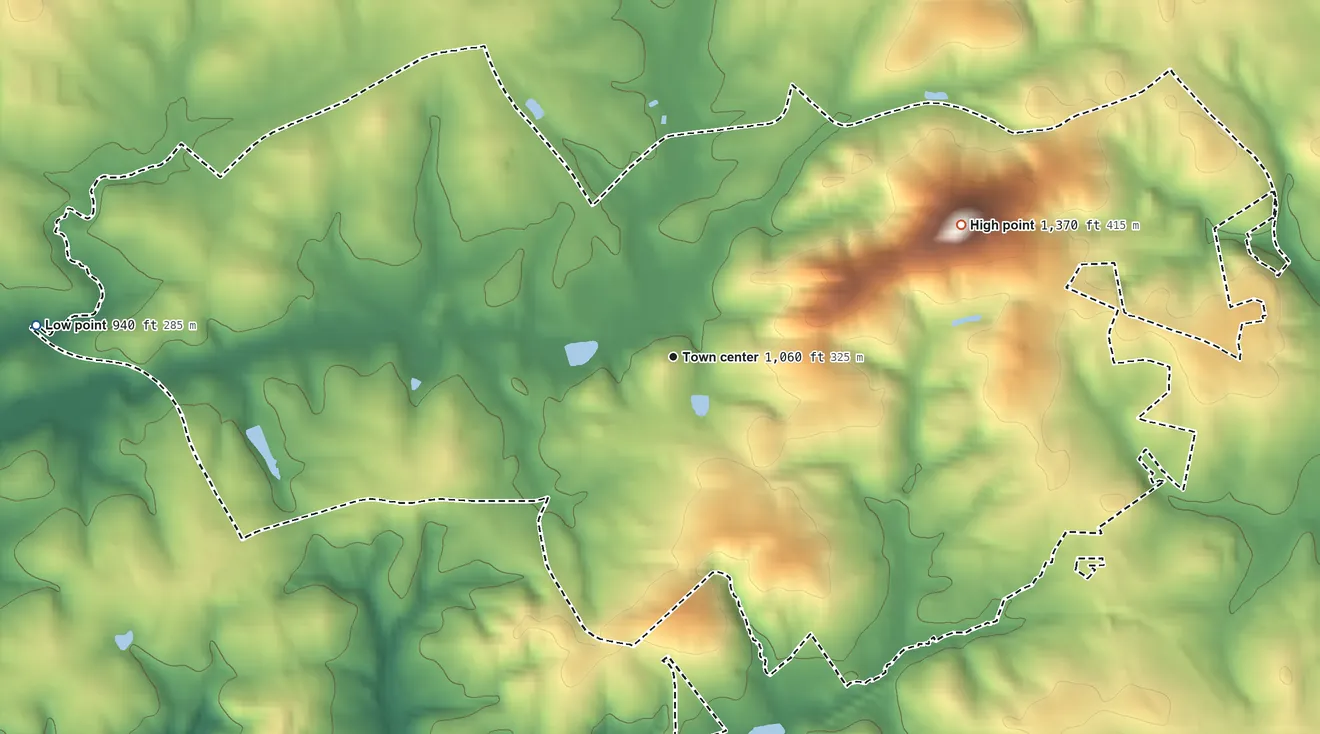 Topographic elevation map of Arial, South Carolina, shaded from 940 ft on the west side to 1,370 ft on Arial Mountain