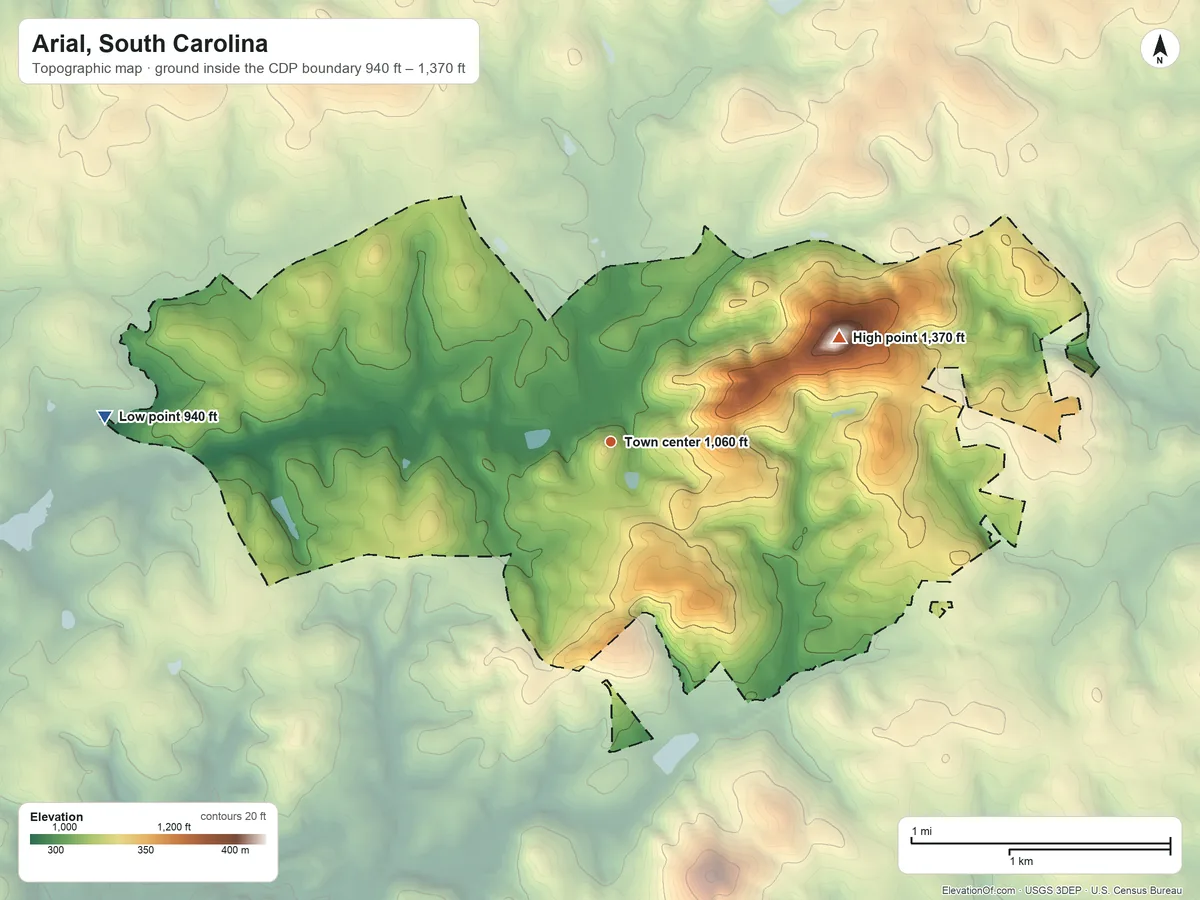 Topographic elevation map of Arial, South Carolina, shaded from 940 ft on the west side to 1,370 ft on Arial Mountain