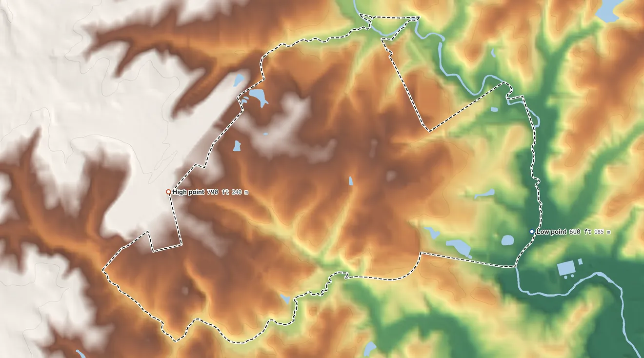 Topographic elevation map of Arkwright, South Carolina, shaded from 610 ft on the east side to 790 ft on the west side