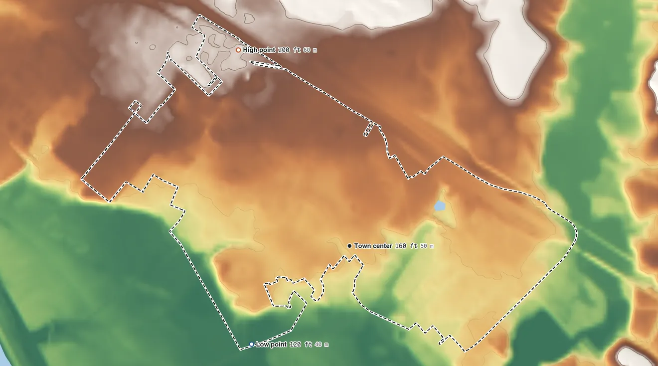 Topographic elevation map of Arthurtown, South Carolina, shaded from 120 ft on the southwest side to 200 ft on the northwest side
