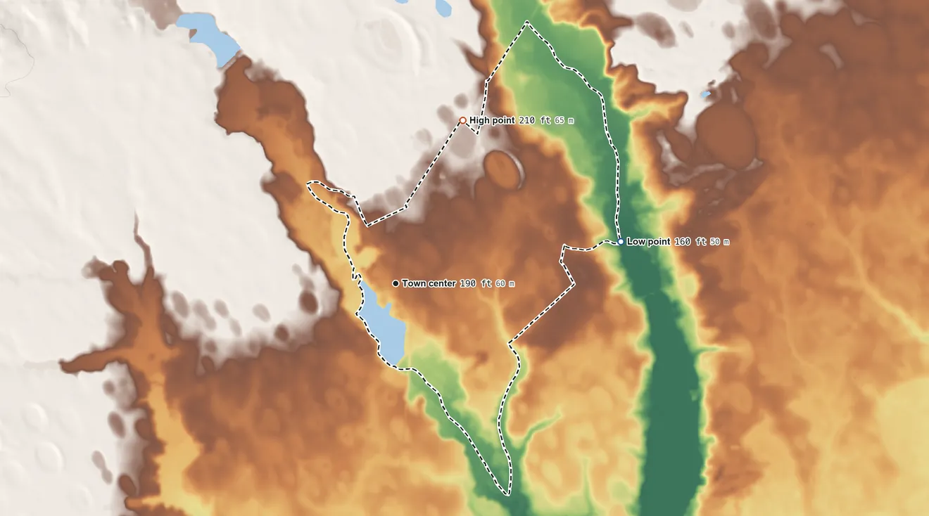 Topographic elevation map of Ashwood, South Carolina, shaded from 160 ft on the east side to 210 ft on the north side