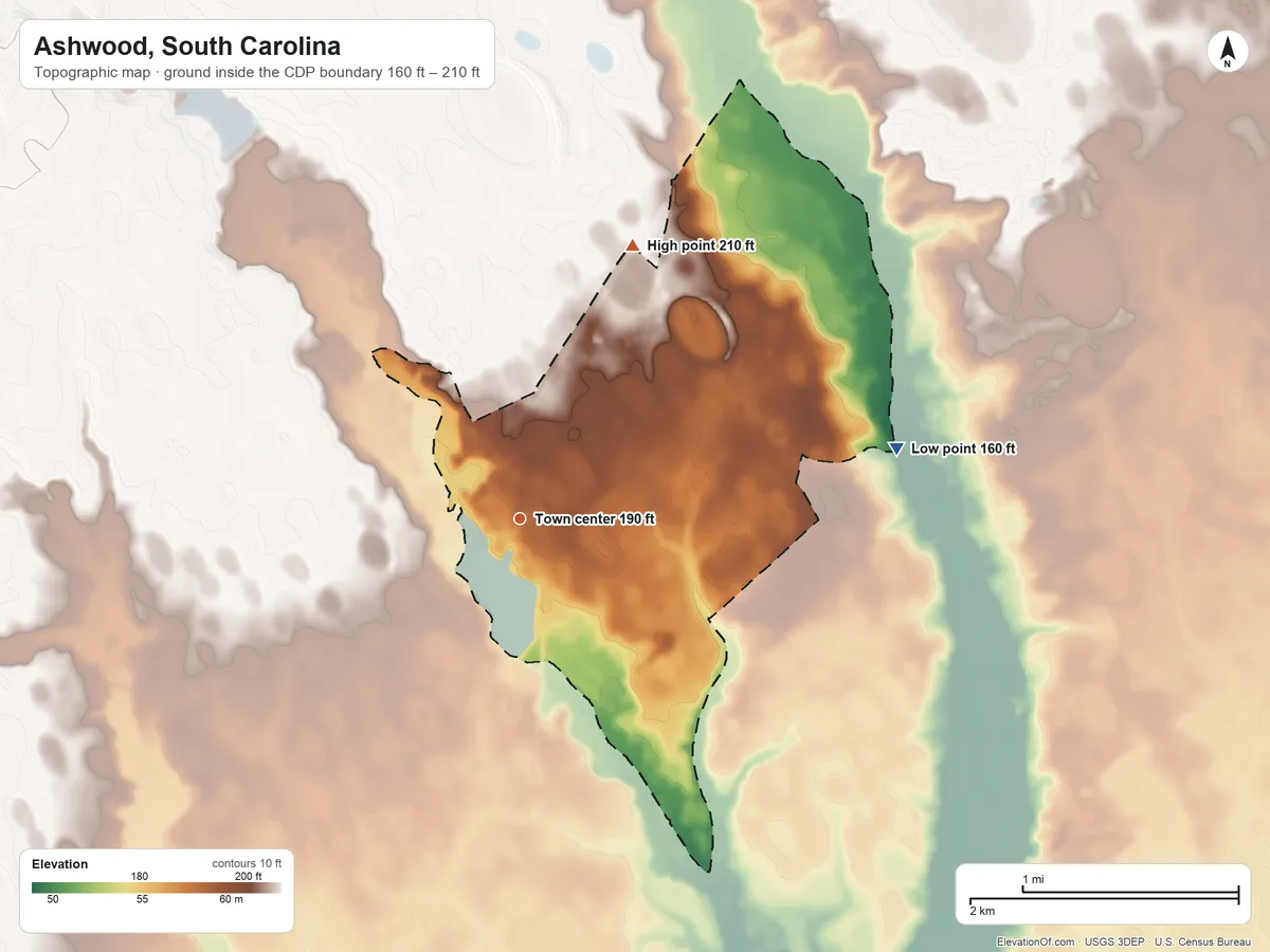 Topographic elevation map of Ashwood, South Carolina, shaded from 160 ft on the east side to 210 ft on the north side