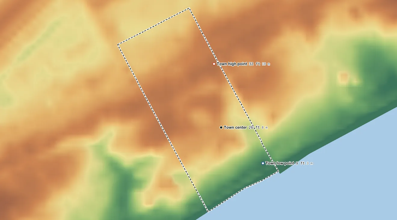 Topographic elevation map of Atlantic Beach, South Carolina, shaded from 9 ft on the southeast side to 32 ft on the north side